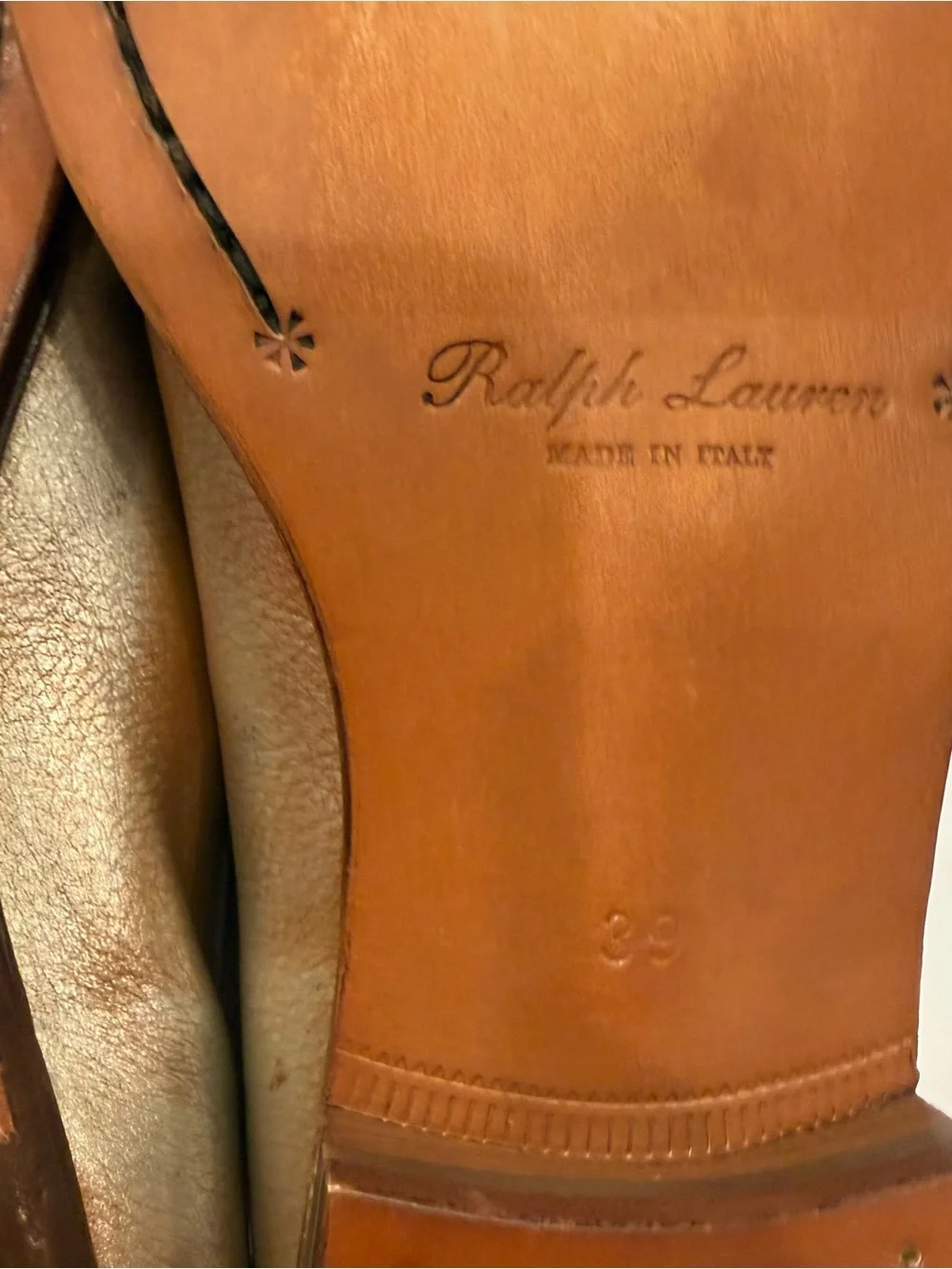 Ralph Lauren Purple Label Women’s Leather Loafers Tan W/ Metallic  Sz US 8.5